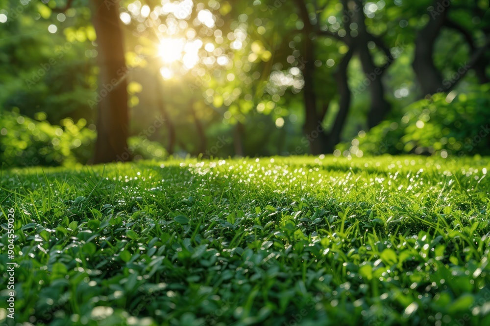 Sunlit Green Grass with Blurred Forest Background Sunlit Green Grass with Blurred Forest Background