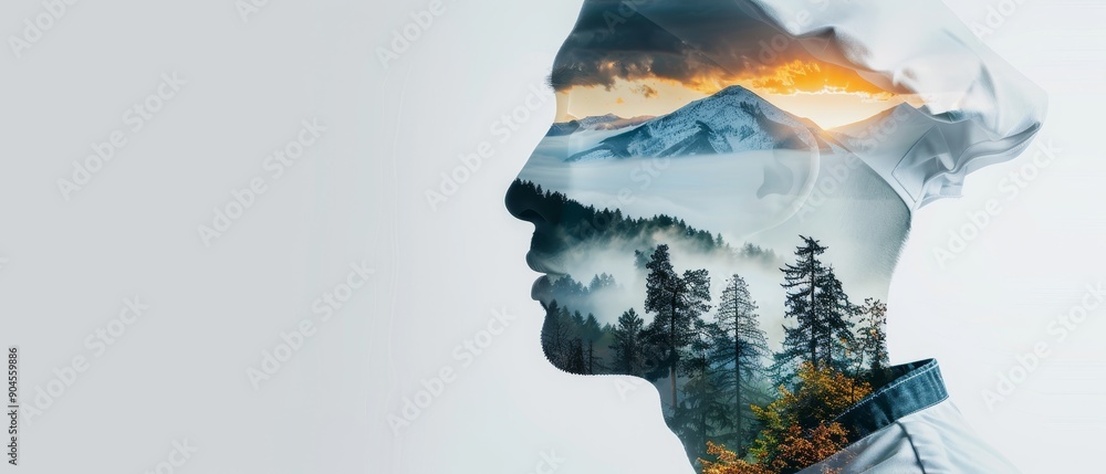 Double exposure photography of a chef, merged with digital interface elements and nature scenes of mountains and forests, resembling a futuristic postcard Double exposure photography of a chef, merged with digital interface elements and nature scenes of mountains and forests, resembling a futuristic postcard