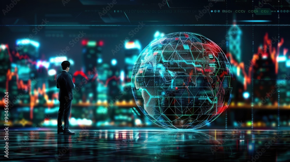 A business professional gazes at a digital globe, symbolizing technology and global connectivity against a futuristic city backdrop. A business professional gazes at a digital globe, symbolizing technology and global connectivity against a futuristic city backdrop.