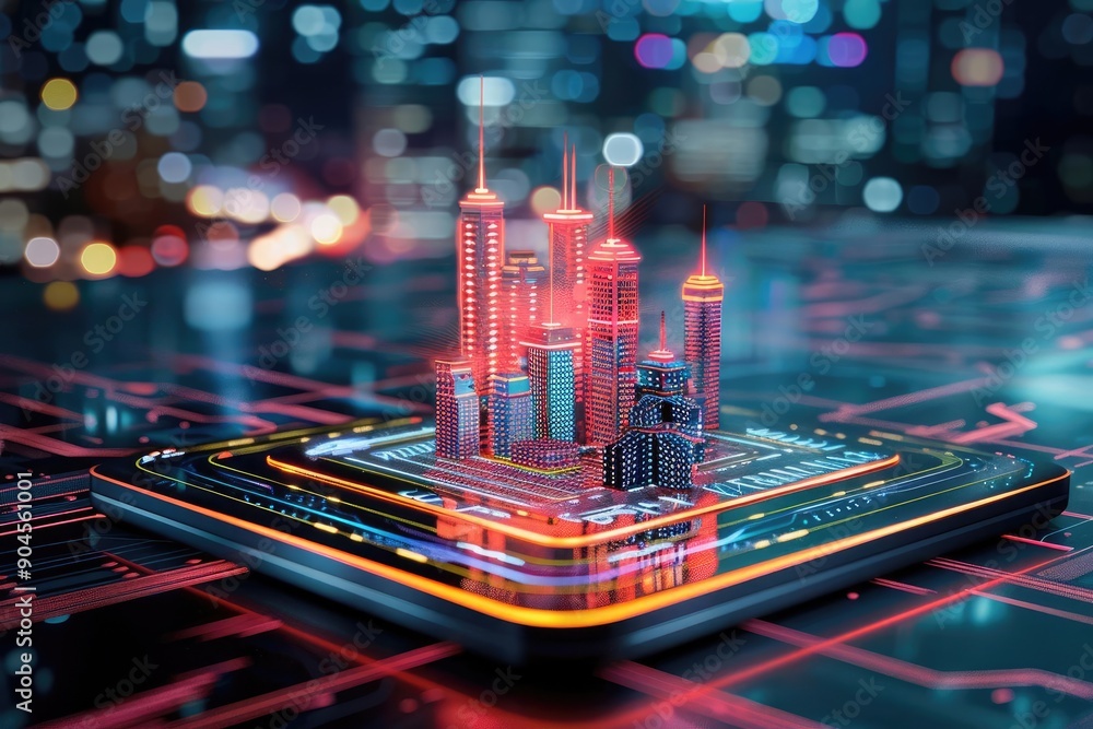 Futuristic cityscape concept on a smartphone with neon lights, showcasing advanced technology and urban development. Futuristic cityscape concept on a smartphone with neon lights, showcasing advanced technology and urban development.