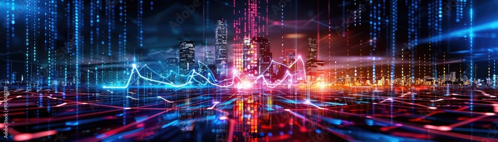 Futuristic cityscape with vibrant digital data visualization and bright neon lights, representing technology and innovation.