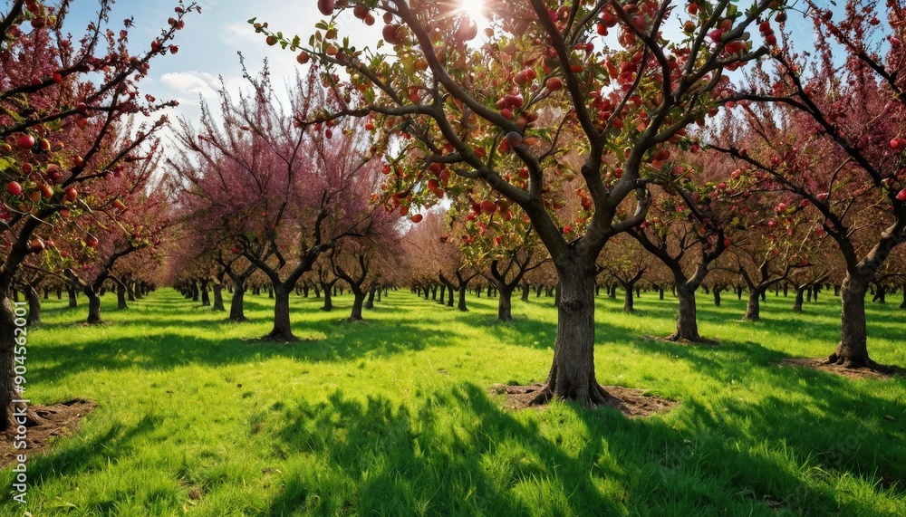 Orchard Trees in Spring with Red Fruit. Orchard Trees in Spring with Red Fruit.