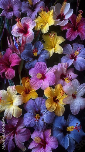 Beautiful array of vibrant hibiscus flowers in various colors including pink, purple, yellow, and white, perfect for a tropical setting