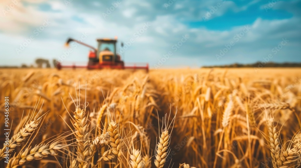 Fototapeta premium farmers harvesting golden wheat in a vast field during harvest season