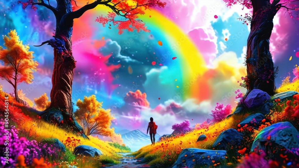 Fantasy Landscape with Rainbow and Person. Fantasy Landscape with Rainbow and Person.