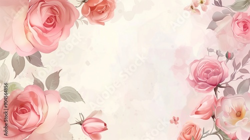 Elegant Floral Illustration with Pink Roses and Leaves, Perfect for Wedding Invitations and Romantic Greeting Cards