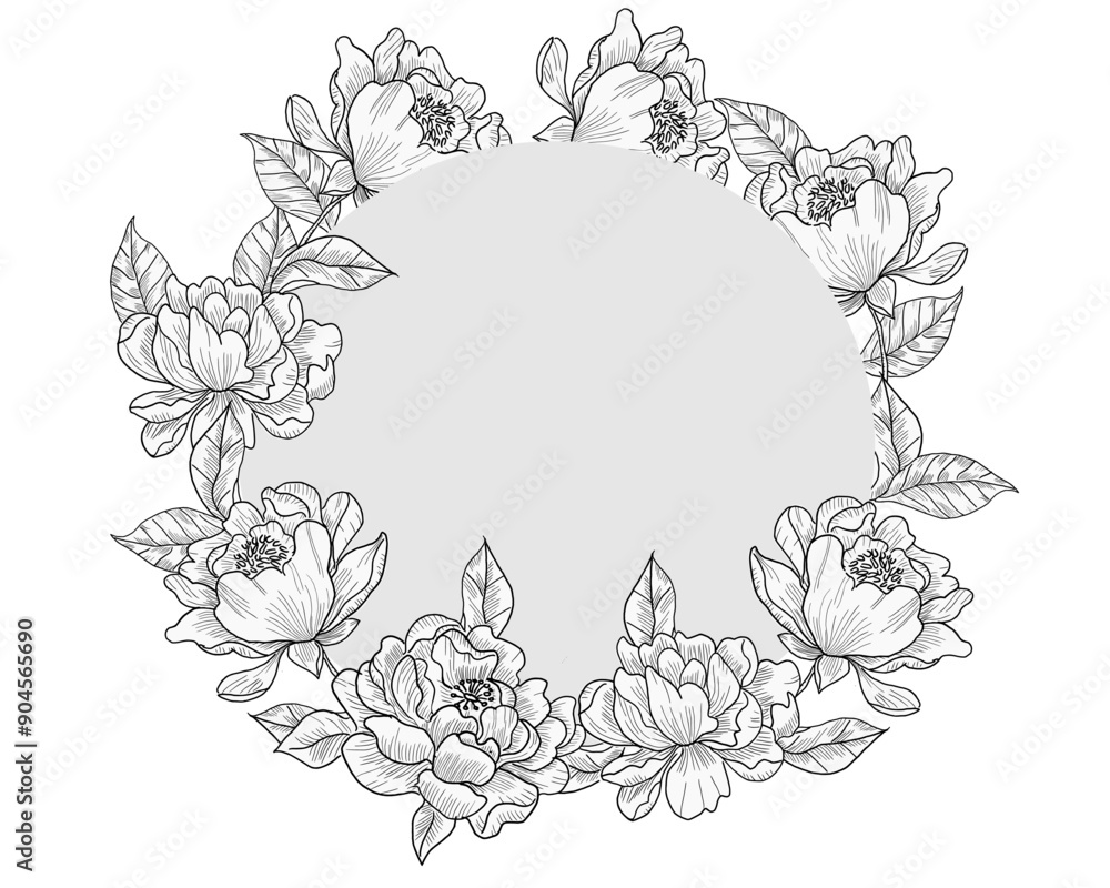 Hand Drawn Peony Flower and Leaves Wreath Hand Drawn Peony Flower and Leaves Wreath