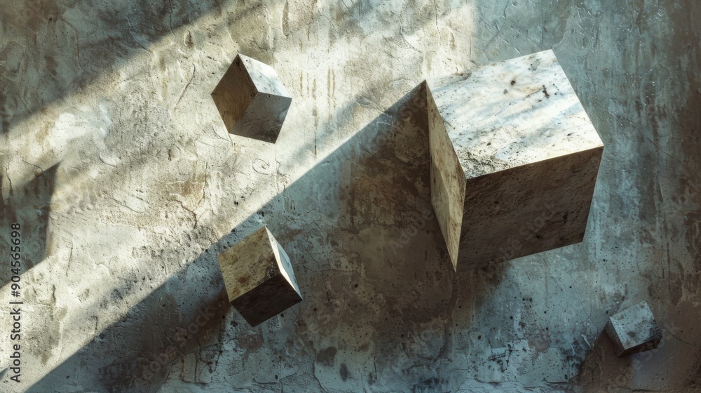 Floating 3D geometric shapes casting shadows on a textured surface. Floating 3D geometric shapes casting shadows on a textured surface.