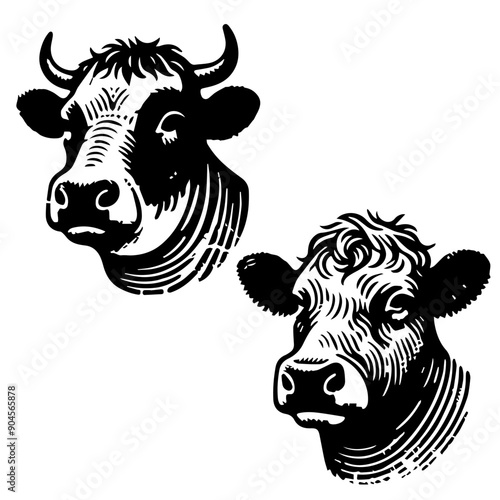 Two Cow Heads in Detailed Vintage Engraving Style