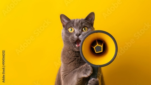 Grey cat with wide eyes holding a megaphone against a vibrant yellow background. Fun and energetic image suitable for announcements and promotions.