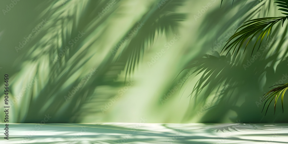 green background with tropical leaves and their shadow on the walls. empty studio for presentation. product demonstration green background with tropical leaves and their shadow on the walls. empty studio for presentation. product demonstration