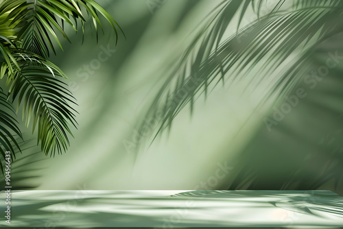 Obraz na płótnie green background with tropical leaves and their shadow on the walls. empty studio for presentation. product demonstration w salonie