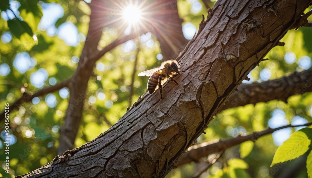 Honey Bee on Tree Branch in Sunlight. Honey Bee on Tree Branch in Sunlight.
