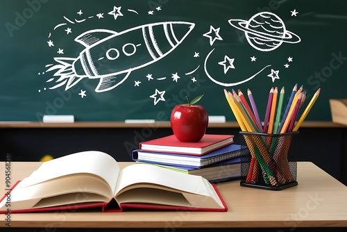 Classroom setting with a wooden desk in the foreground. On the desk, there is an open book with red edges, a stack of notebooks with a red apple on top, and a pencil holder filled with various colored photo