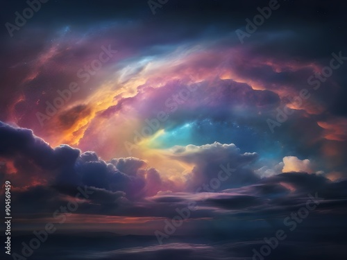 A breathtaking, cinematic photograph showcasing a vibrant rainbow celestial sky at nighttime, with swirling clouds of iridescent hues, ranging from soft pastel pinks and blues Generative AI