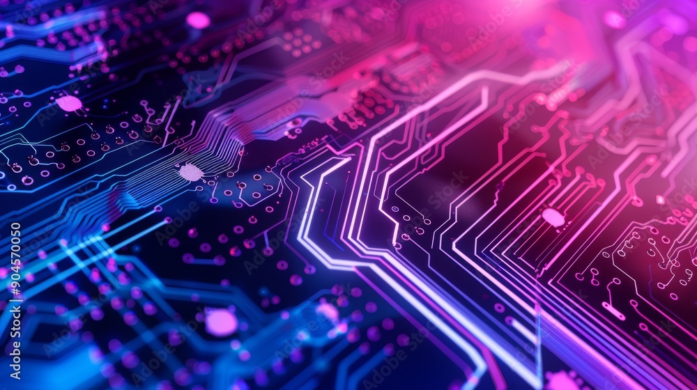 Futuristic digital circuit board featuring neon lights with an intricate design and vibrant glow Futuristic digital circuit board featuring neon lights with an intricate design and vibrant glow