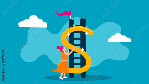 An illustration depicting a person climbing a ladder that is intertwined with a large dollar sign, symbolizing the journey to financial independence or success. 