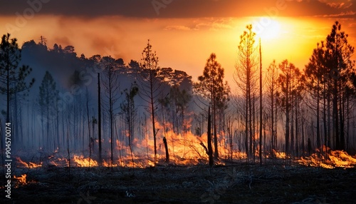 ### Destructive Wildfire Landscape at Sunset