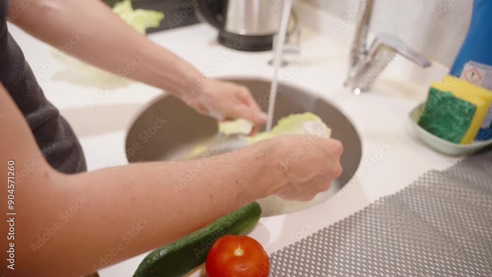 Rinsing Salad Leaves Under Running Water, Preparing for a Crisp and Refreshing Dish. Rinsing Salad Leaves Under Running Water, Preparing for a Crisp and Refreshing Dish.