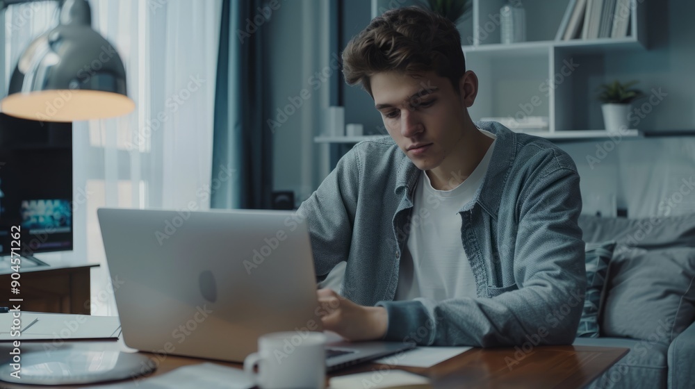 © LU - Portrait of a young business man in casual clothes working on a laptop computer at office or at home and writing at the desk making notes or calculations. Remote and freelance work concept © LU - Portrait of a young business man in casual clothes working on a laptop computer at office or at home and writing at the desk making notes or calculations. Remote and freelance work concept