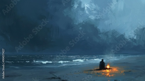 Solitary Figure by the Coastal Fire