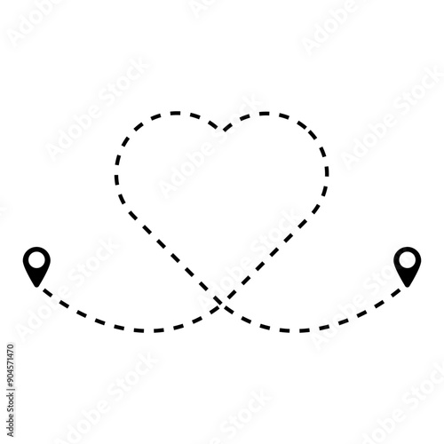 Dotted line heart route. Black dashed line forming heart shape. Location pins at start and end. Vector illustration.
