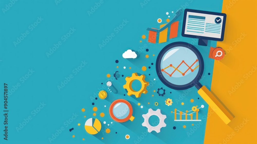 Fototapeta premium An illustration showing various data analysis tools, including graphs, charts, a magnifying glass, gears, and a computer monitor, representing analytics, business intelligence, and research.