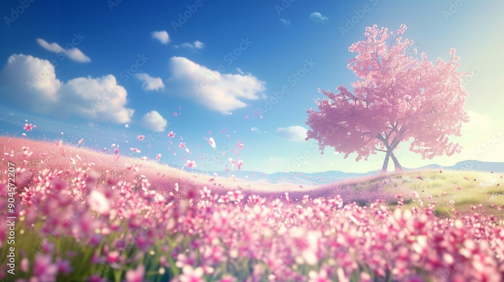 Breathtaking Pink Blossom Field Illustration with Cherry Blossom Tree and Clear Blue Sky
