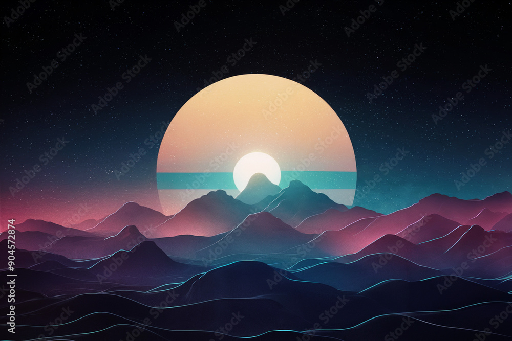 A mesmerizing celestial landscape. A large, radiant sun is positioned in the center, casting a gradient of colors from orange to blue. A mesmerizing celestial landscape. A large, radiant sun is positioned in the center, casting a gradient of colors from orange to blue.