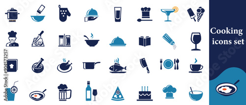 Cooking web icons style. Frying pan, fork, knife, recipe book, microwave, collection. Vector illustration.