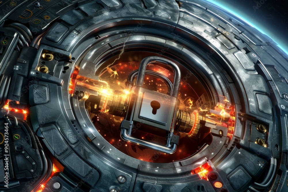 Neon-infused cyber lock portal in a virtual reality environment, symbolizing gateway to protected digital domains. Neon-infused cyber lock portal in a virtual reality environment, symbolizing gateway to protected digital domains.