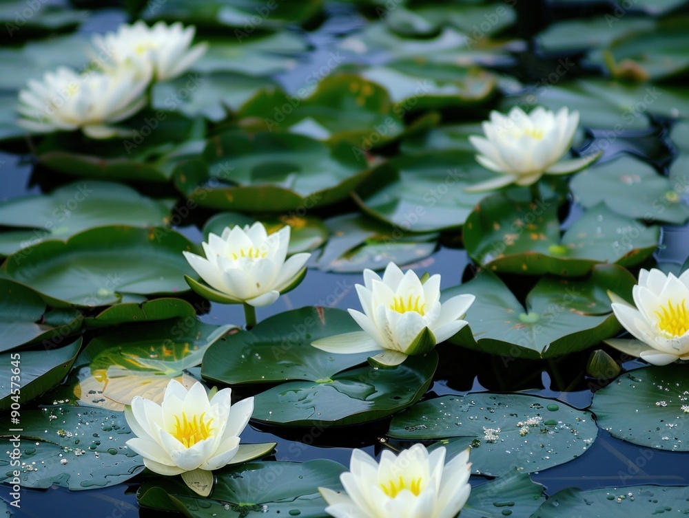 Water Lilies in Bloom on a Serene Pond Water Lilies in Bloom on a Serene Pond
