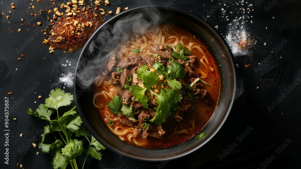 Top view of a steaming bowl of Thai boat noodles with beef and herbs. Top view of a steaming bowl of Thai boat noodles with beef and herbs.