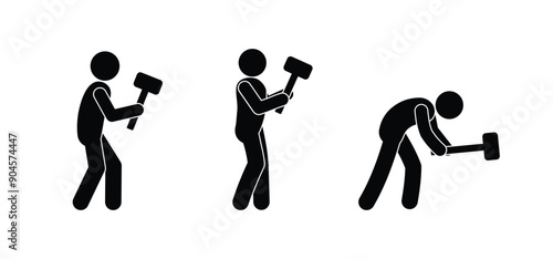 icon man with hammer, sticks figure people work, sledgehammer illustration