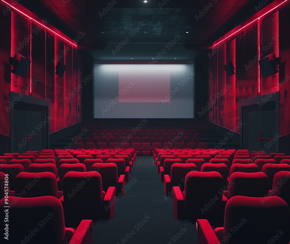 Modern Movie Theater with Red Seating and Dramatic Lighting, Empty Cinema Interior Modern Movie Theater with Red Seating and Dramatic Lighting, Empty Cinema Interior