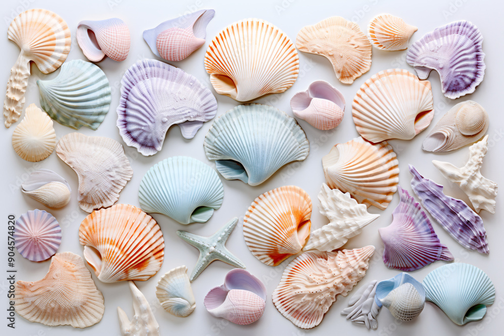 A collection of seashells in various colors and textures, including a starfish, laid out on a white background. A collection of seashells in various colors and textures, including a starfish, laid out on a white background.