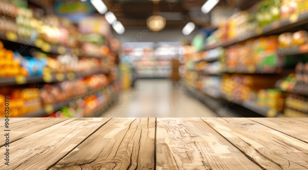 The vibrant and bright grocery aisle features a beautiful wooden countertop design The vibrant and bright grocery aisle features a beautiful wooden countertop design