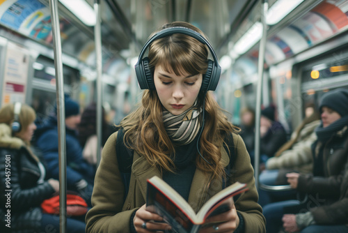 Young woman reads a book while wearing headphones on the subway.
