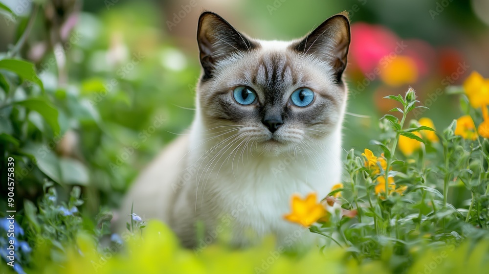 Obraz premium Close-up of a beautiful blue-eyed Siamese kitten looking at the camera. Portrait of a cute kitten sitting on a flowerbed in soft light.