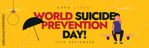 World Suicide Prevention Day conceptual cover banner. Suicide prevention day awareness banner with boy sitting on bench with thoughts in mind, hanging rope, umbrella. The day promotes mental health.