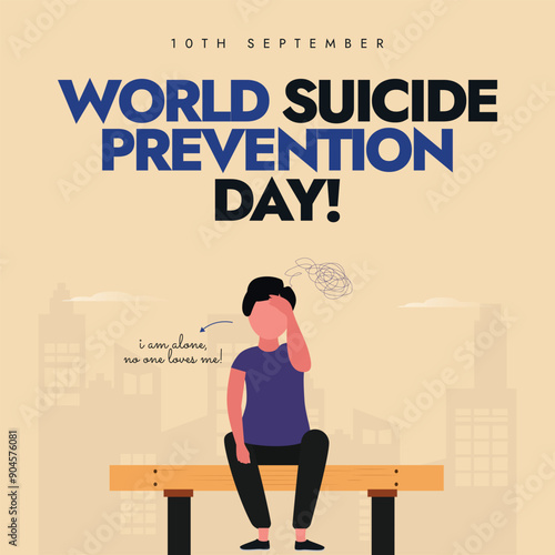 Suicide Prevention day. 10th September World suicide prevention day banner with sad boy sitting on a bench. This day aims to raise awareness, reduce stigma, and focus attention on the issue of suicide