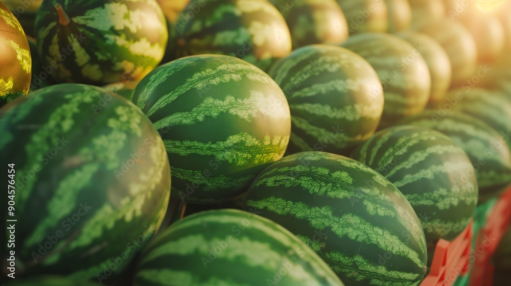 Close-up of watermelons on display in an outdoor market setting. Watermelons of different textures are displayed for sale under soft sunlight. Close-up of watermelons on display in an outdoor market setting. Watermelons of different textures are displayed for sale under soft sunlight.