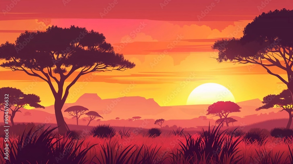 African landscape with tree silhouette. Savanna sunset background is very beautiful African landscape with tree silhouette. Savanna sunset background is very beautiful