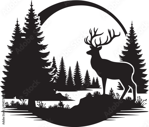 Silhouette of a deer with pine trees and forest scenery on white background, Deer silhouette, silhouettes of trees,