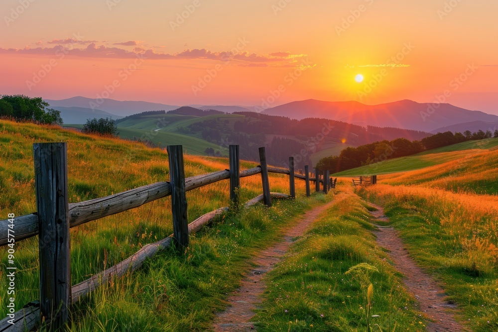 Sunset Over Mountain Path with Wooden Fence Sunset Over Mountain Path with Wooden Fence
