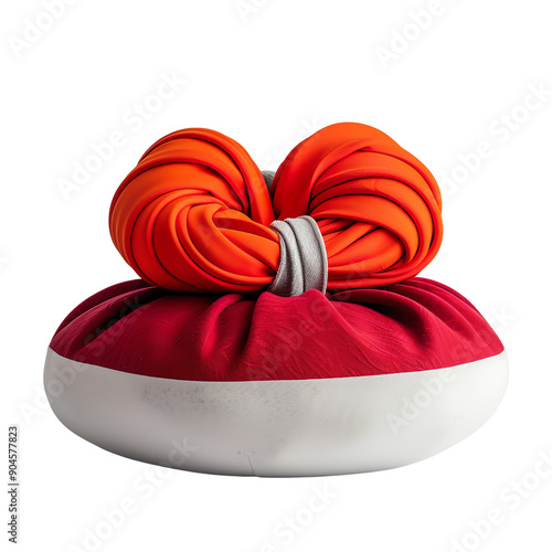 Elegant fabric knotted bow with red and orange hues, wrapped with a silver band, resting on a smooth surface, perfect for decor. photo