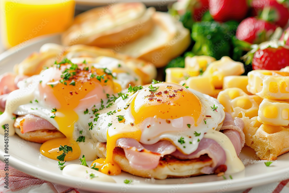 Delicious English Breakfast with Eggs Benedict and Fresh Vegetables Delicious English Breakfast with Eggs Benedict and Fresh Vegetables