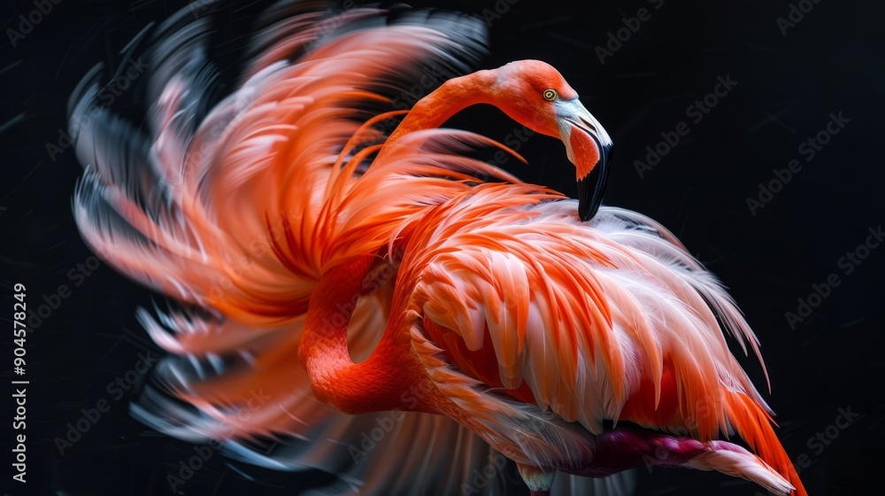 Fototapeta premium Flamingo fluttering its feathers, capturing the movement in the image generative ai