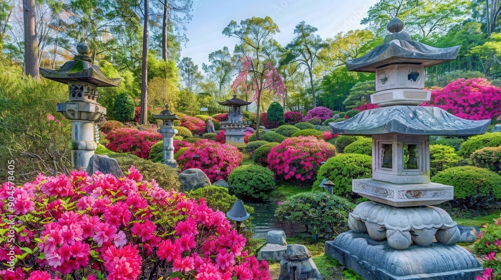 A serene garden filled with vibrant azaleas and traditional lanterns, showcasing the beauty of nature and Japanese culture. A serene garden filled with vibrant azaleas and traditional lanterns, showcasing the beauty of nature and Japanese culture.