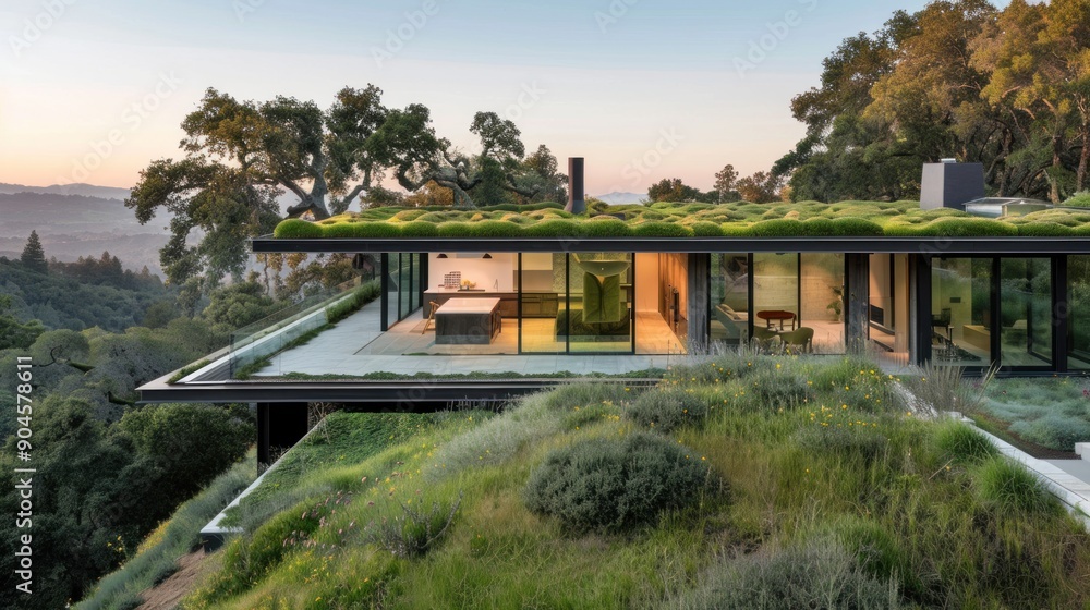 Modern House with a Green Roof on a Hilltop Modern House with a Green Roof on a Hilltop